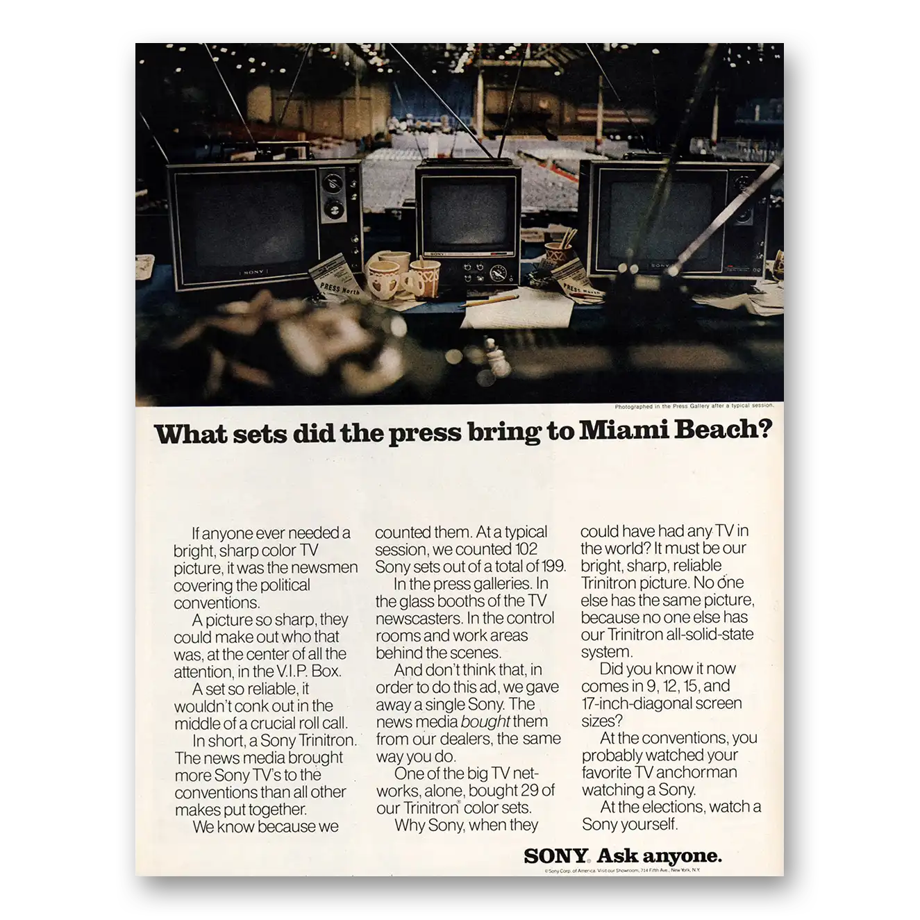 1972 Sony Trinitron Sets the Press Bring to Miami Beach Vintage Magazine Print Ad