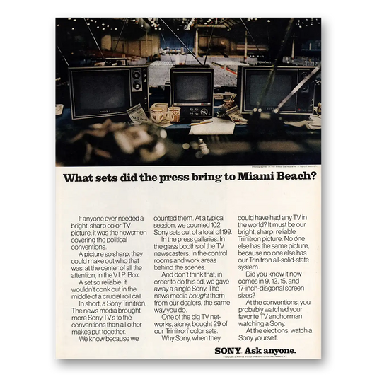 1972 Sony Trinitron Sets the Press Bring to Miami Beach Vintage Magazine Print Ad