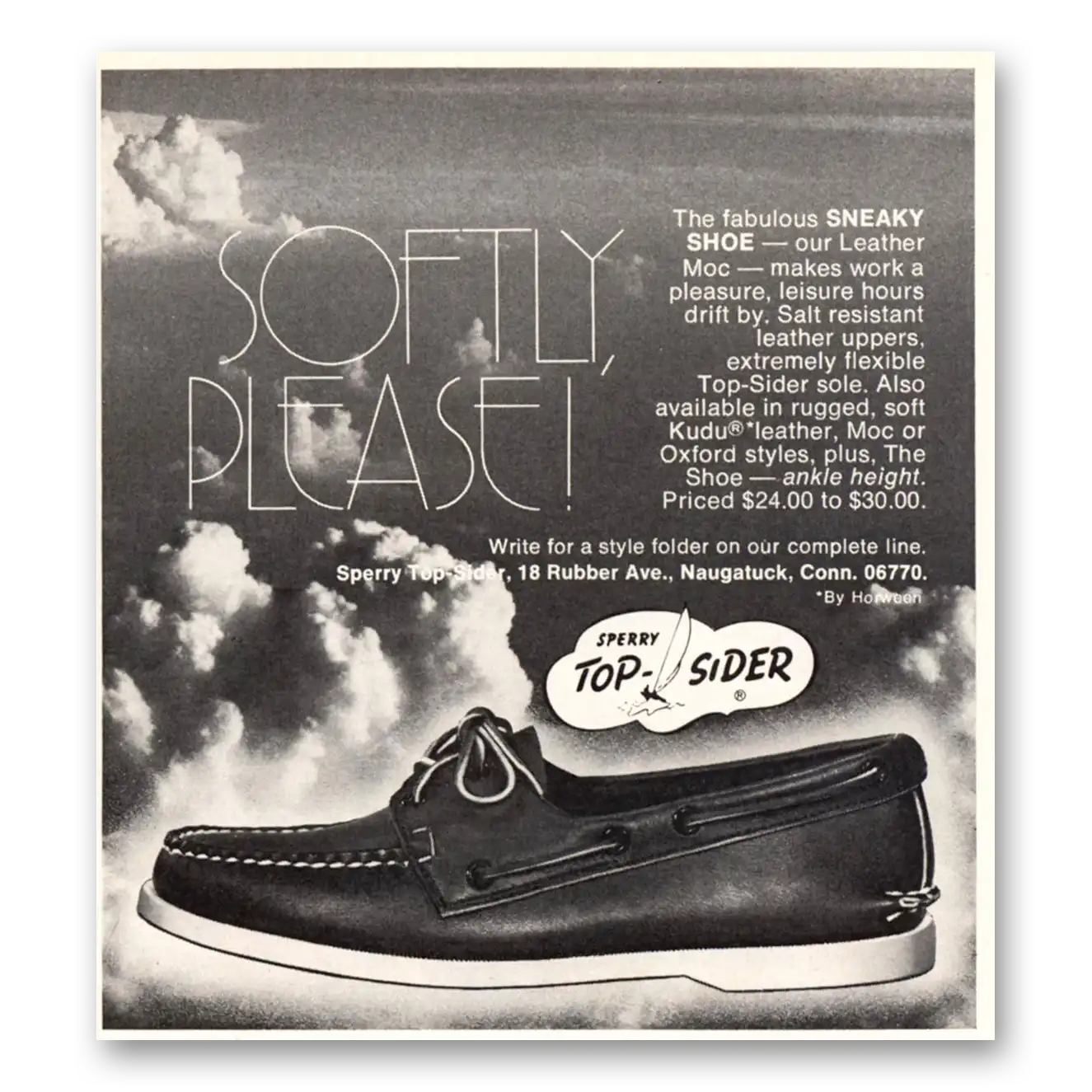 1972 Sperry Top Sider Shoes Softly Please Vintage Magazine Print Ad