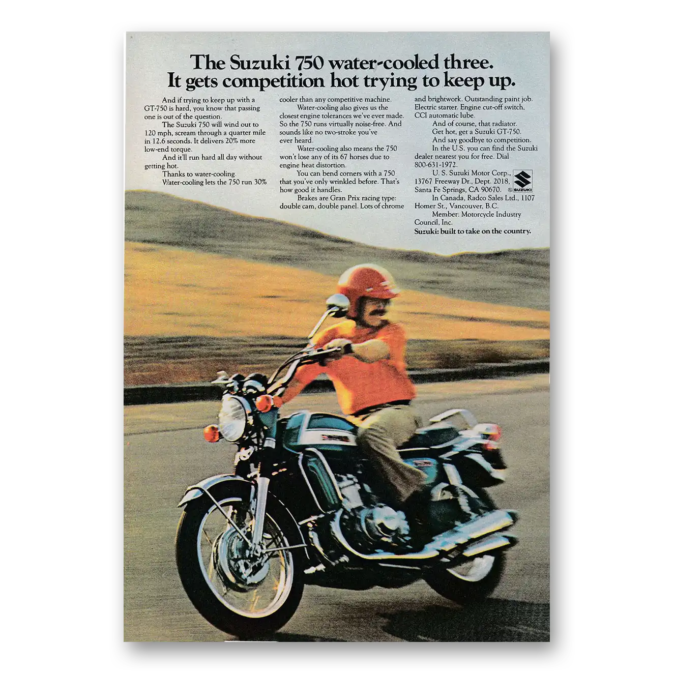 1972 Suzuki Motorcycles Water Cooled Three Gets Competition Hot Vintage Magazine Print Ad