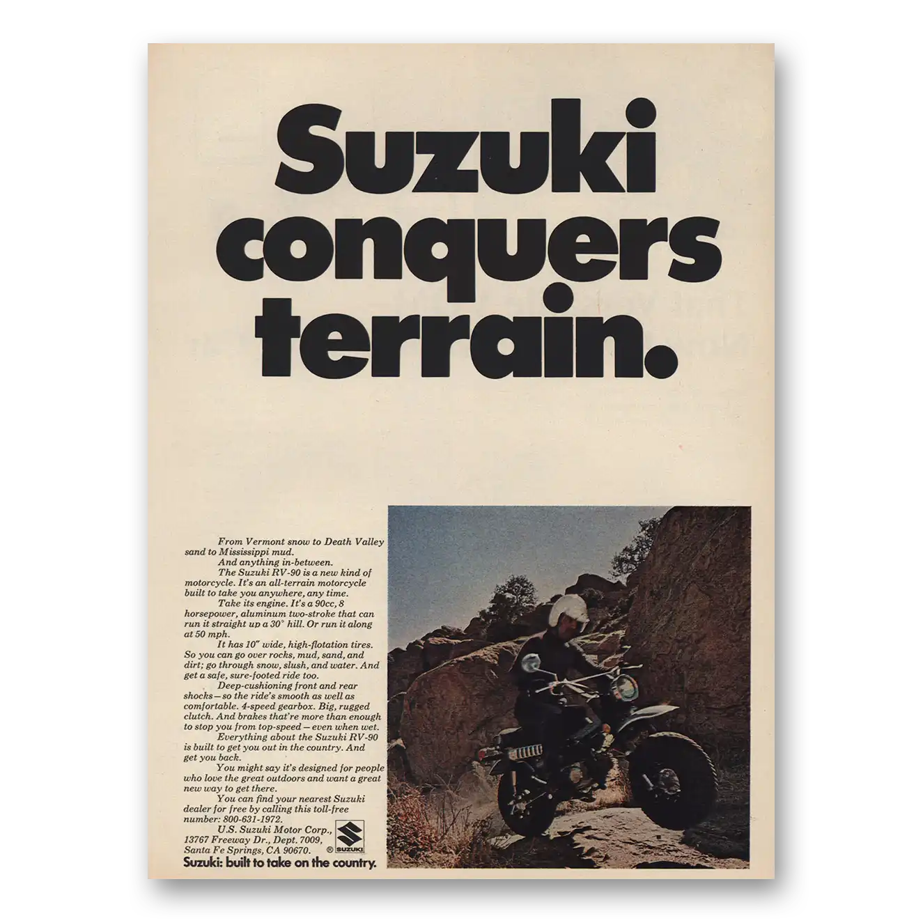 1972 Suzuki Motorcycles Conquers Terrain Vintage Magazine Print Ad