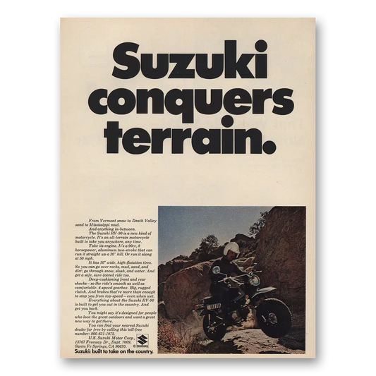 1972 Suzuki Motorcycles Conquers Terrain Vintage Magazine Print Ad