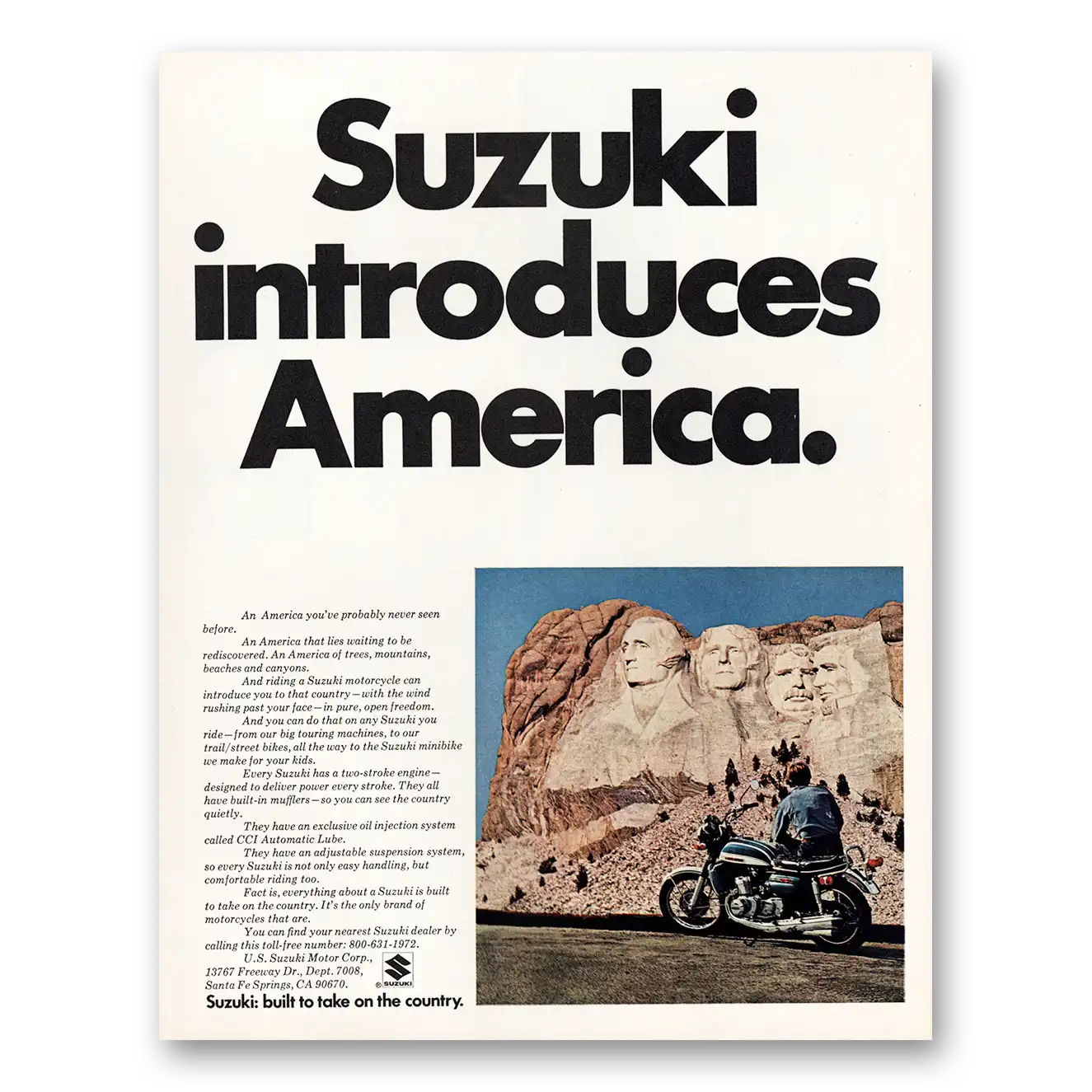 1972 Suzuki Motorcycles Introduces America Mt Rushmore Vintage Magazine Print Ad