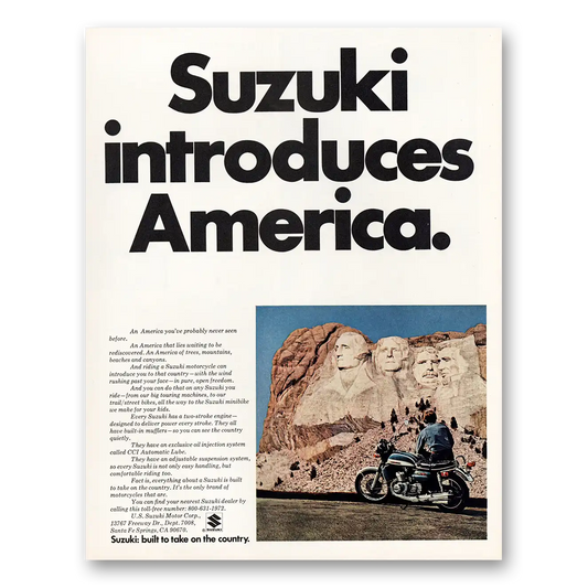 1972 Suzuki Motorcycles Introduces America Mt Rushmore Vintage Magazine Print Ad