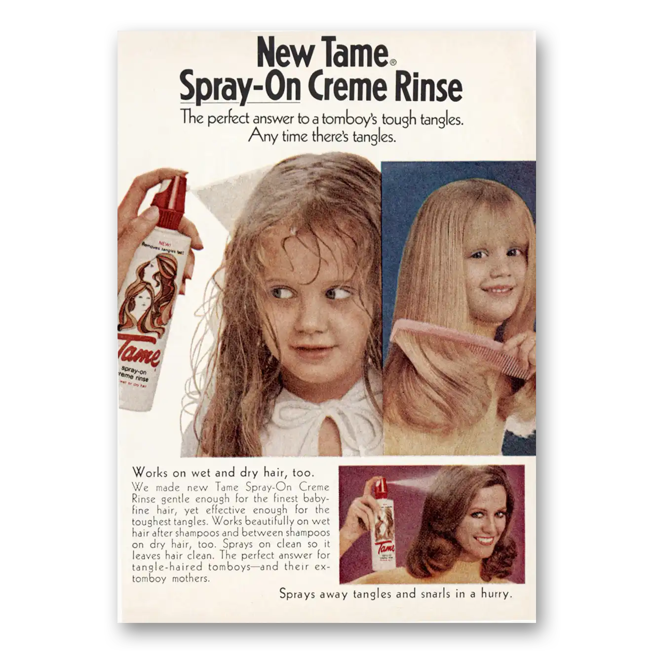 1972 Tame Spray On Creme Rinse Tomboys Tough Tangles Vintage Magazine Print Ad