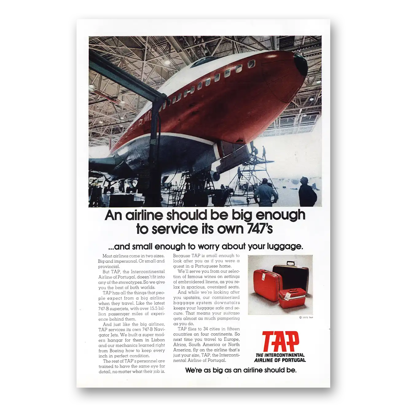 1972 TAP Portuguese Airways Portugal Big Enough Service Own 747s Vintage Magazine Print Ad