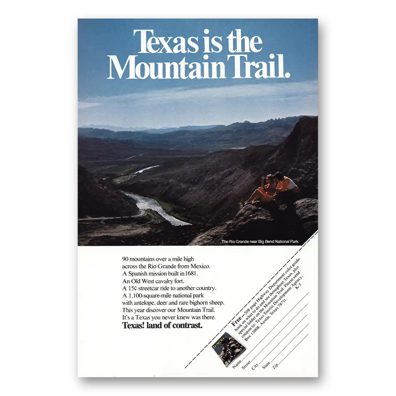 1972 Texas Mountain Trail Vintage Magazine Print Ad