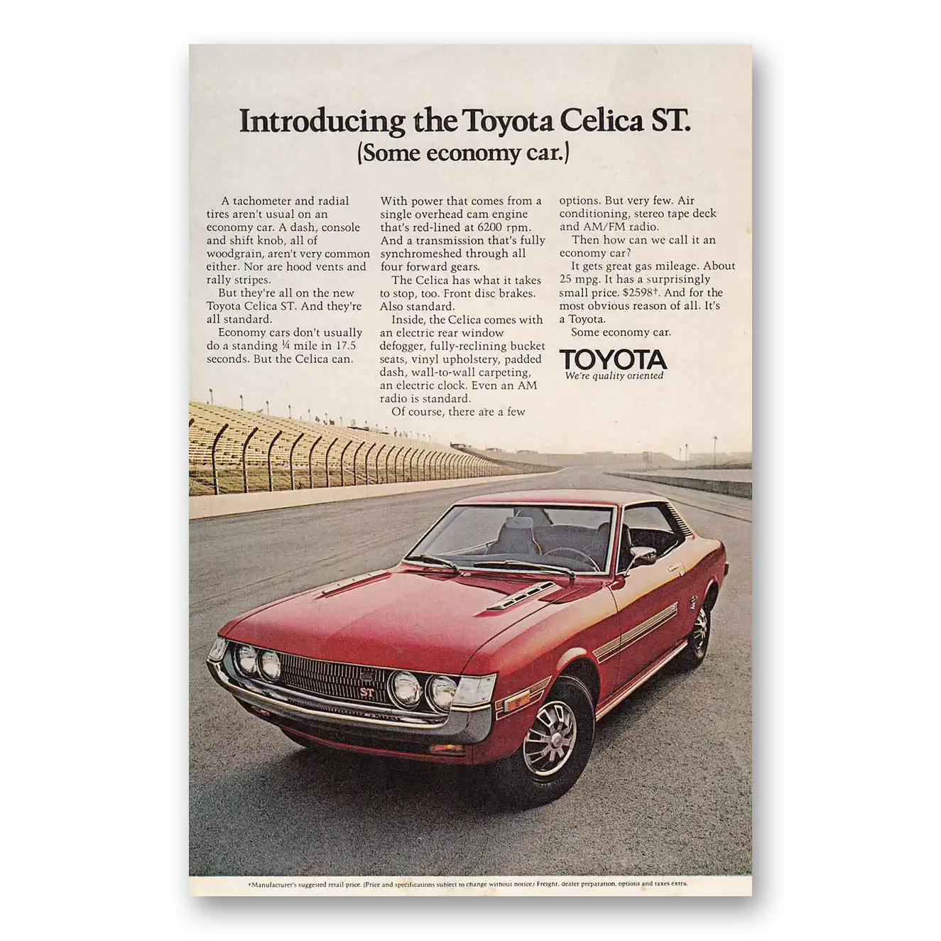 1971 Toyota Celica Tachometer and Radial Tires Vintage Magazine Print Ad