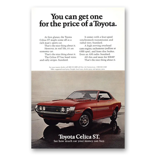 1972 Toyota Celica Get One for Price of Toyota Vintage Magazine Print Ad