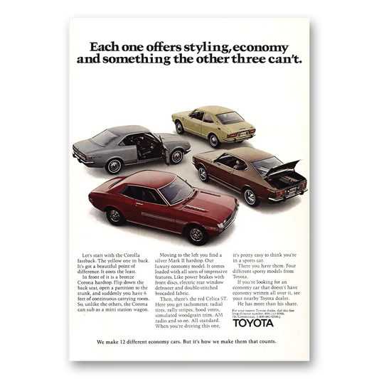 1972 Toyota Corolla Fastback Styling Vintage Magazine Print Ad