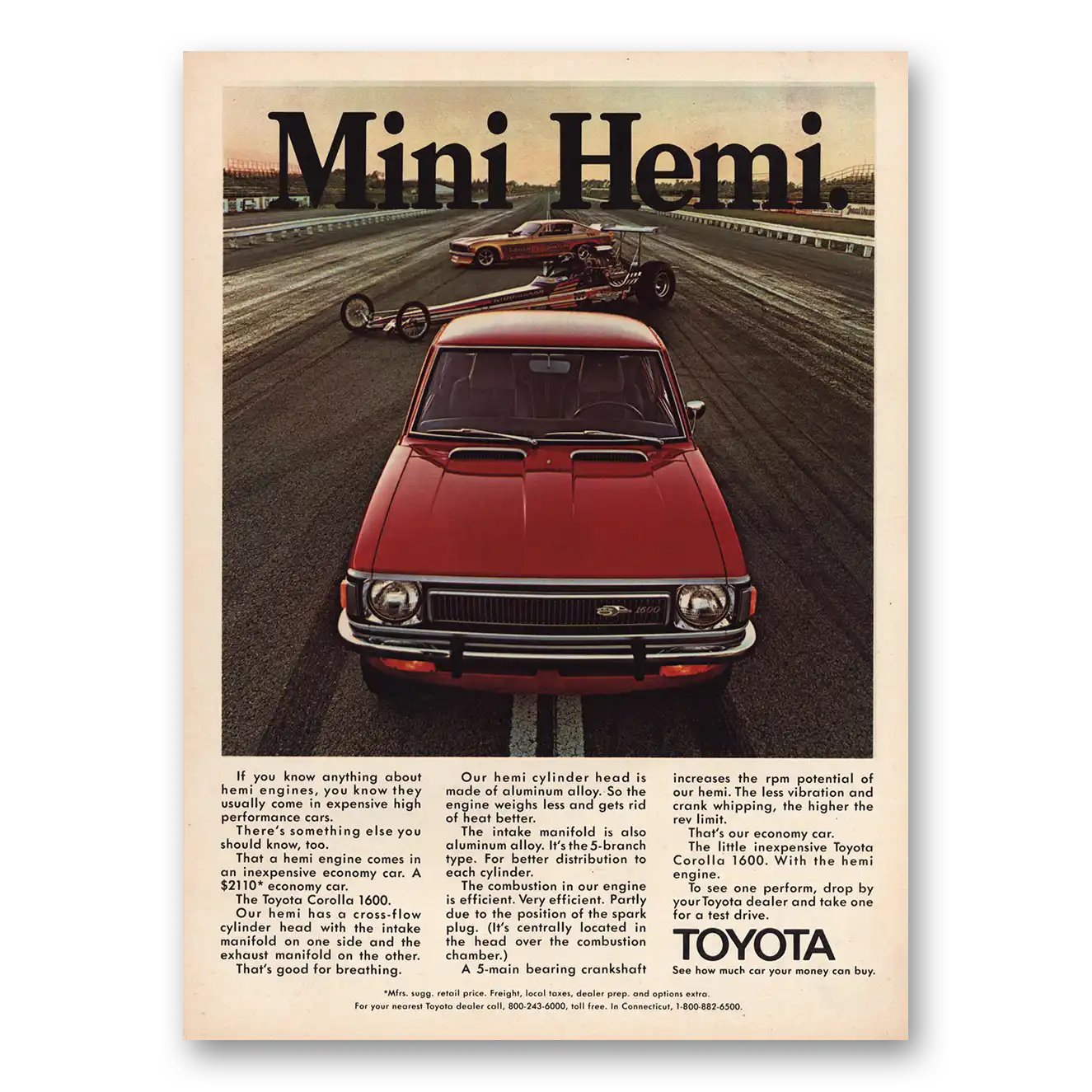 1972 Toyota Corolla Mini Hemi Vintage Magazine Print Ad