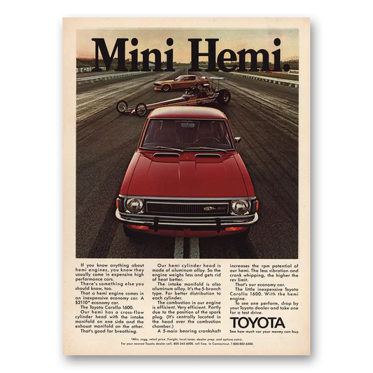 1972 Toyota Corolla Mini Hemi Vintage Magazine Print Ad