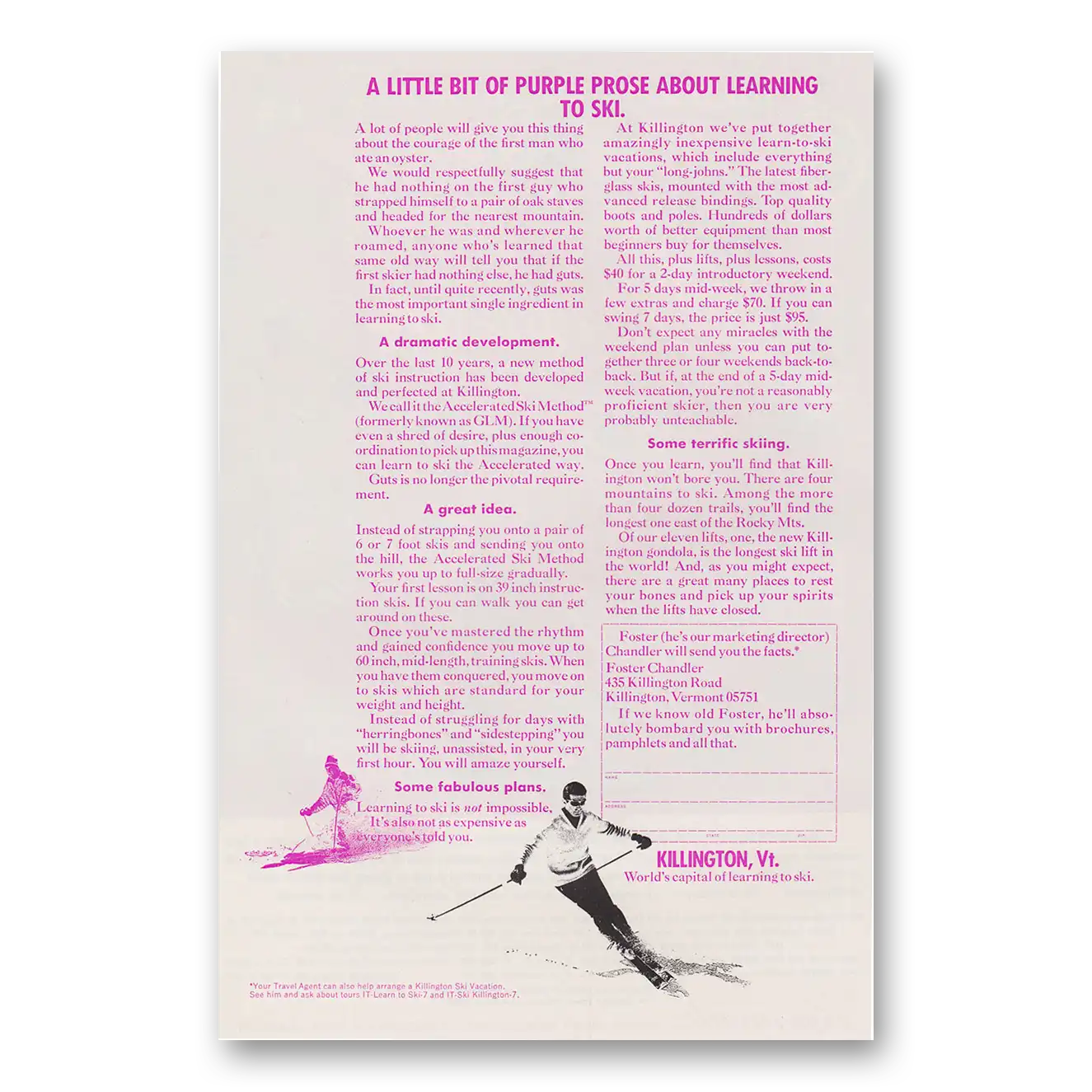 1972 Vermont Killington Little Bit of Purple Prose About Learning to Ski Vintage Magazine Print Ad