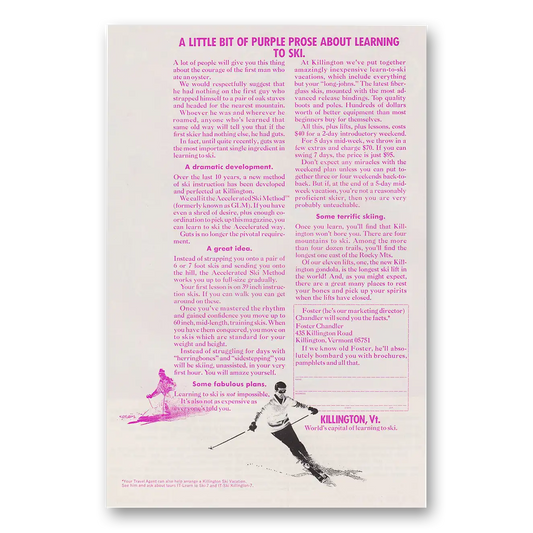 1972 Vermont Killington Little Bit of Purple Prose About Learning to Ski Vintage Magazine Print Ad