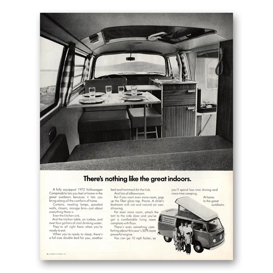 1972 Volkswagen Campmobile Nothing Like the Great Indoors Vintage Magazine Print Ad