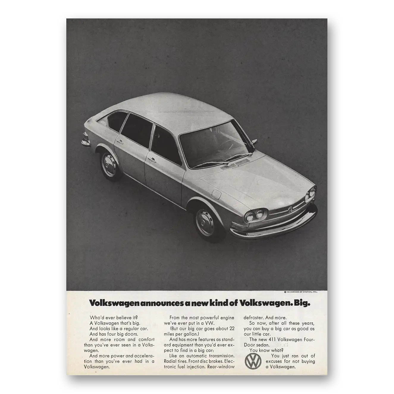 1971 Volkswagen 411 Sedan Four Door Sedan New Kind Big Vintage Magazine Print Ad