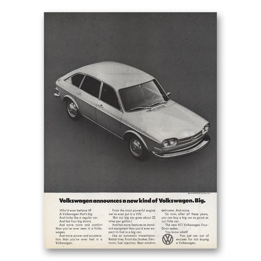 1971 Volkswagen 411 Sedan Four Door Sedan New Kind Big Vintage Magazine Print Ad