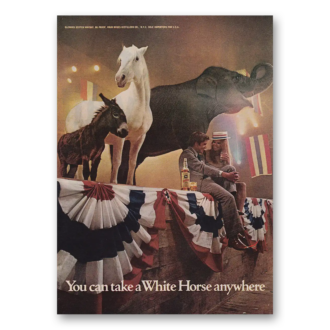 1972 White Horse Scotch Whisky You Can Take a White Horse Anywhere Vintage Magazine Print Ad