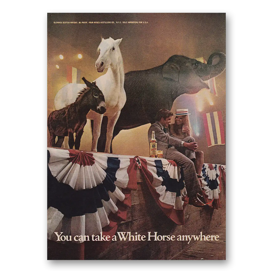 1972 White Horse Scotch Whisky You Can Take a White Horse Anywhere Vintage Magazine Print Ad