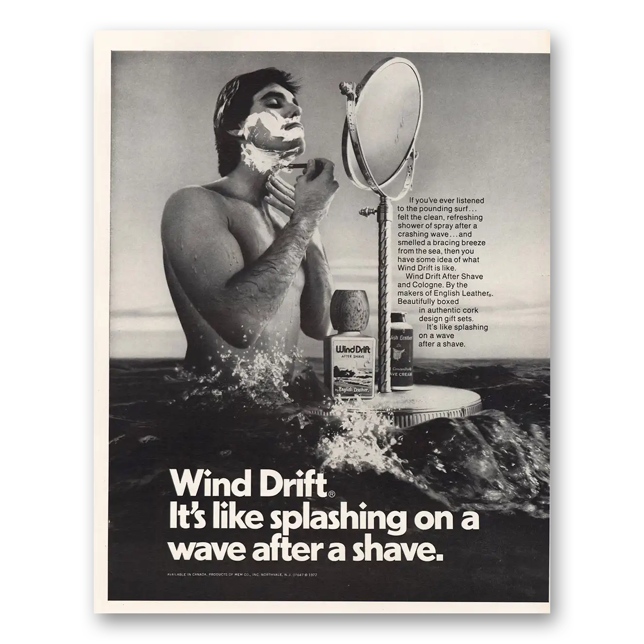 1972 Wind Drift After Shave Splashing On a Wave Vintage Magazine Print Ad