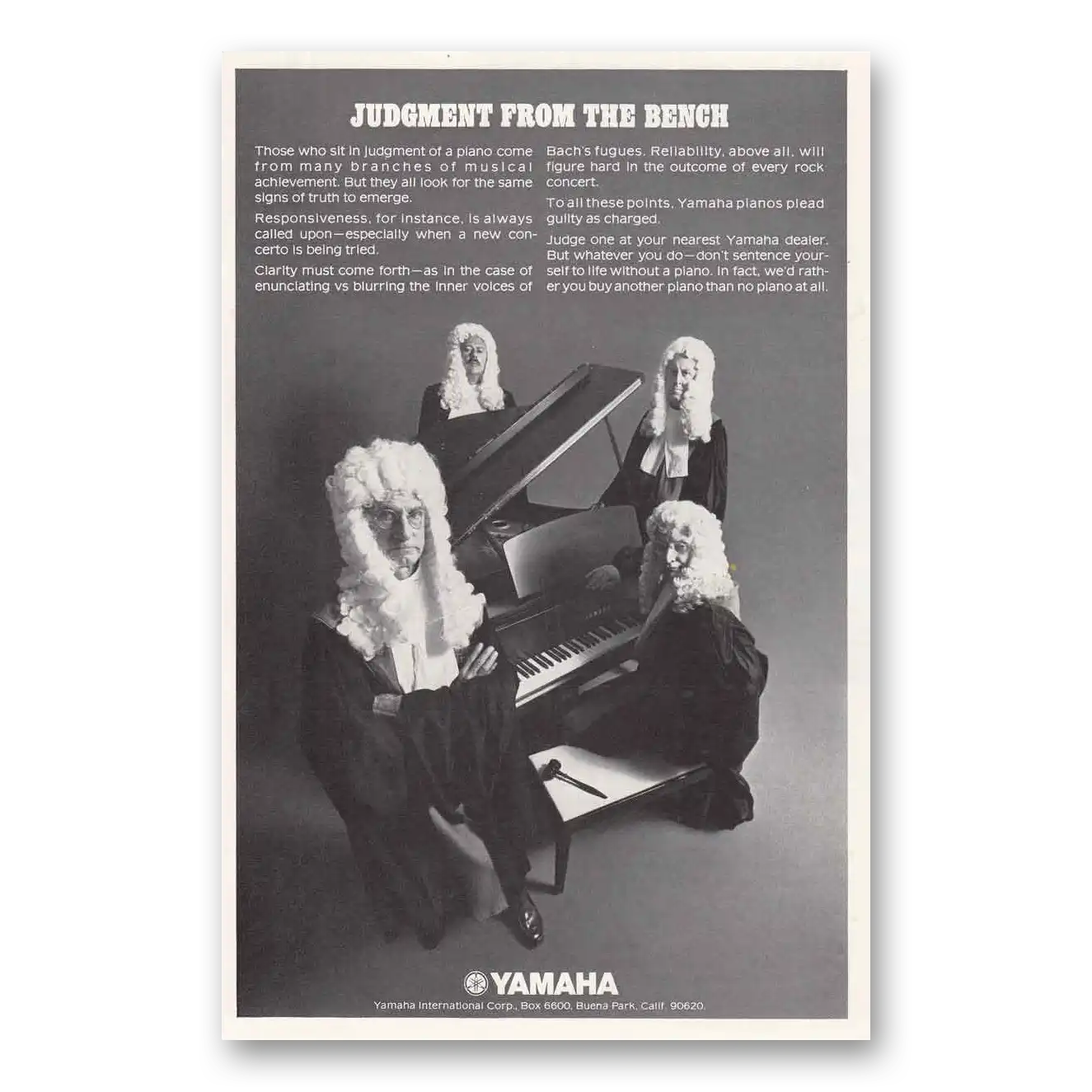 1972 Yamaha Piano Judgment From the Bench Vintage Magazine Print Ad