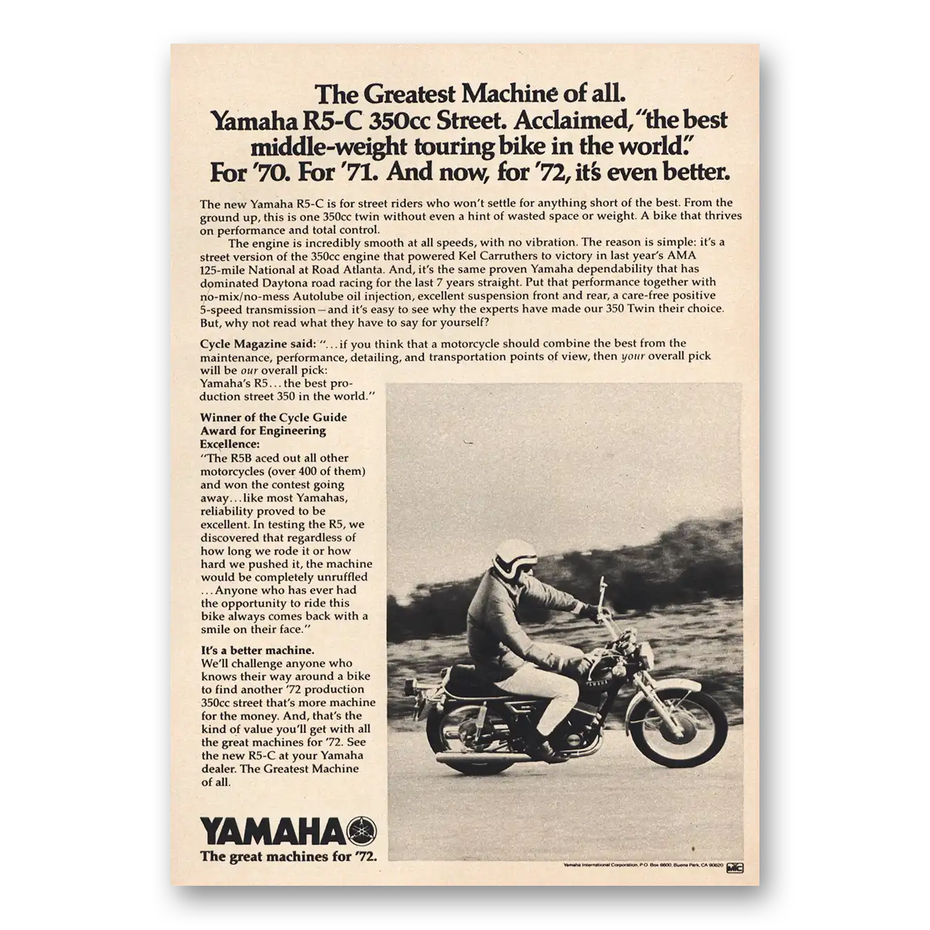 1972 Yamaha Motorcycles Greatest Machine of All Vintage Magazine Print Ad