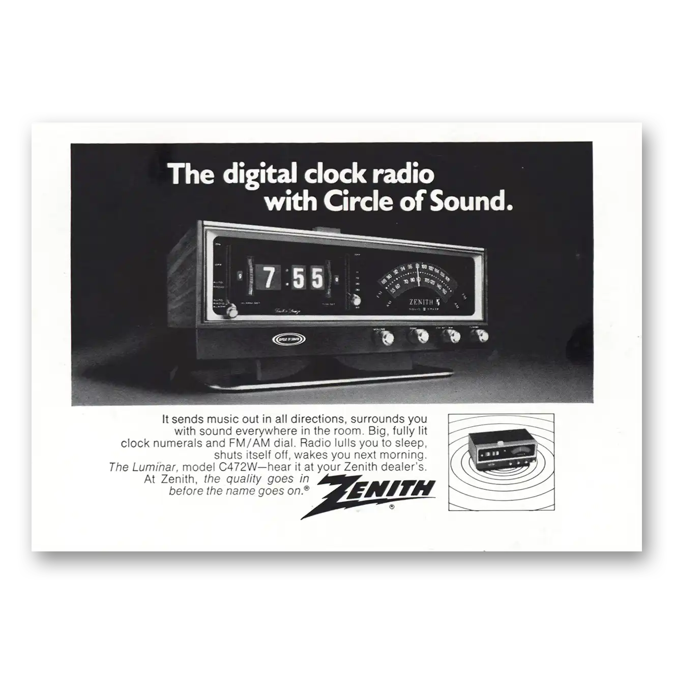 1972 Zenith Radio Digital Clock Radio Circle of Sound Vintage Magazine Print Ad