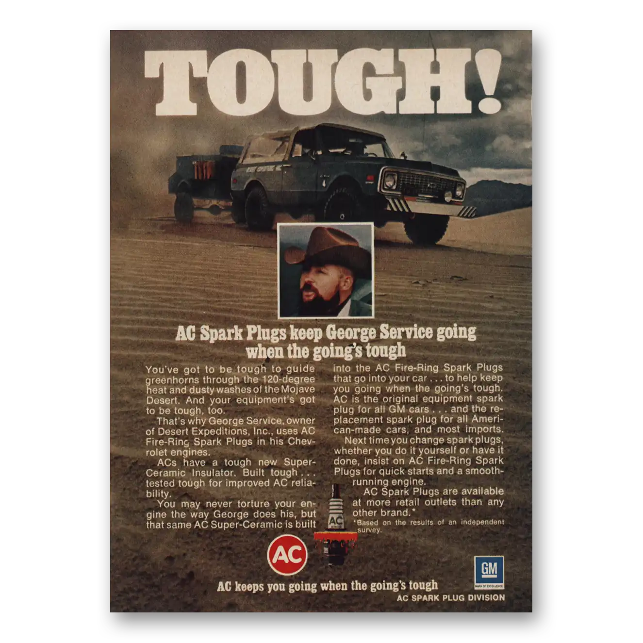 1973 AC Spark Plugs Tough Keep George Service Going Vintage Magazine Print Ad