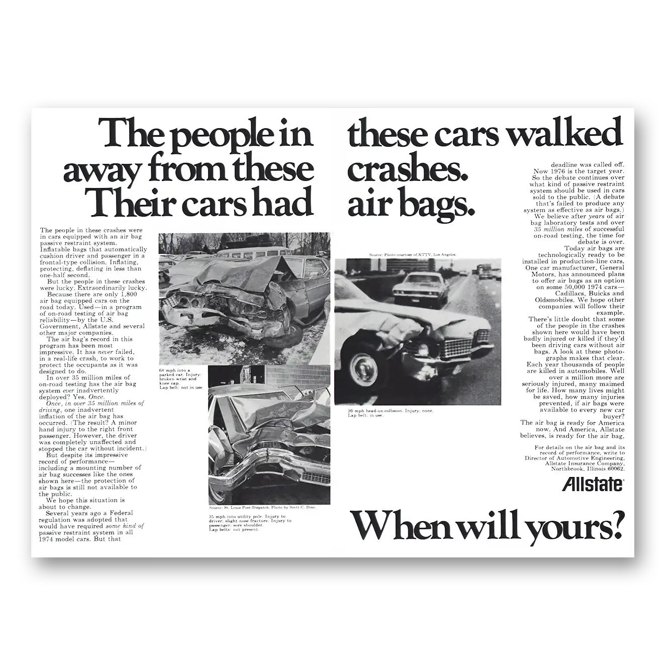 1973 Allstate Insurance People In These Cars Walked Away Vintage Magazine Print Ad