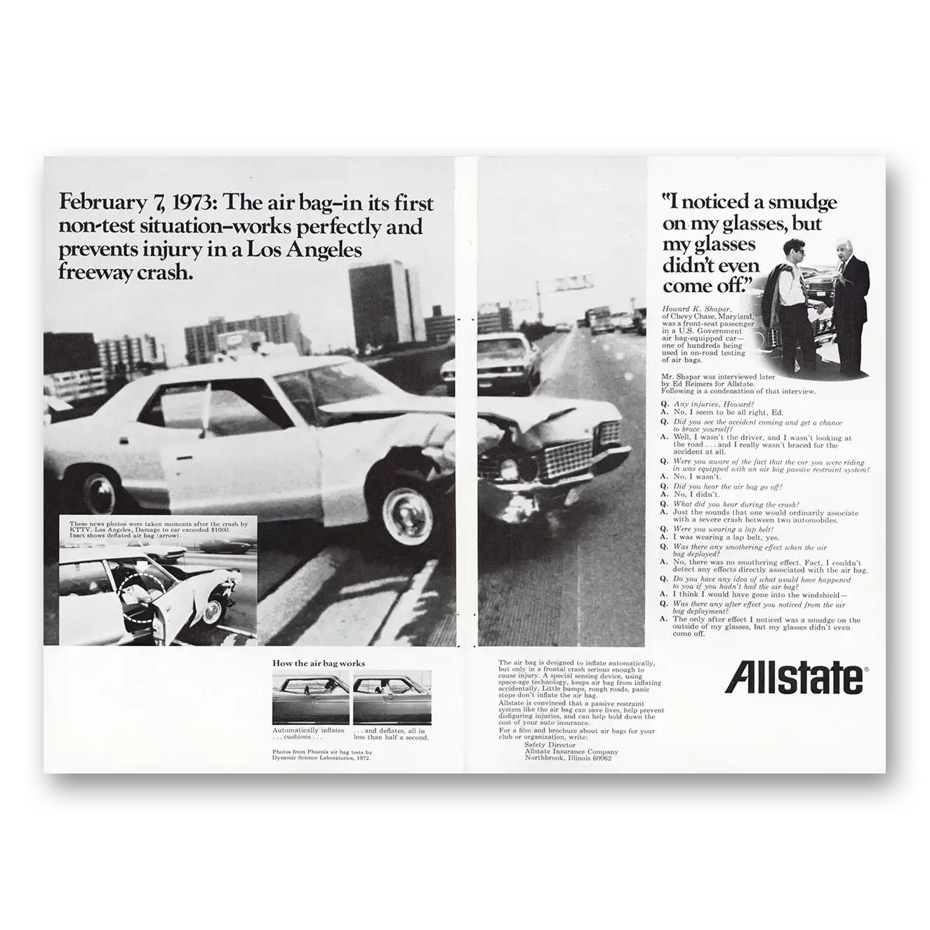 1973 Allstate Insurance Air Bag In Its First Non Test Situation Vintage Magazine Print Ad