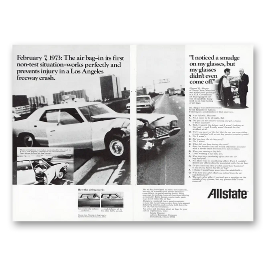 1973 Allstate Insurance Air Bag In Its First Non Test Situation Vintage Magazine Print Ad