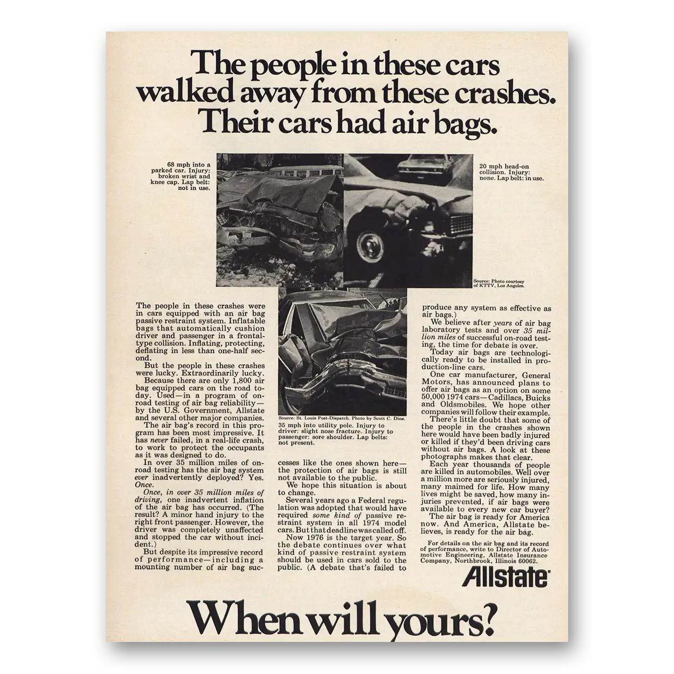 1973 Allstate Insurance Walked Away From Crashes Air Bags Vintage Magazine Print Ad