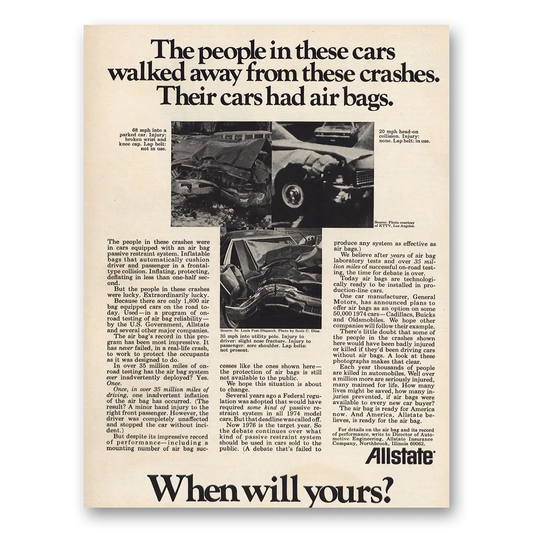 1973 Allstate Insurance Walked Away From Crashes Air Bags Vintage Magazine Print Ad