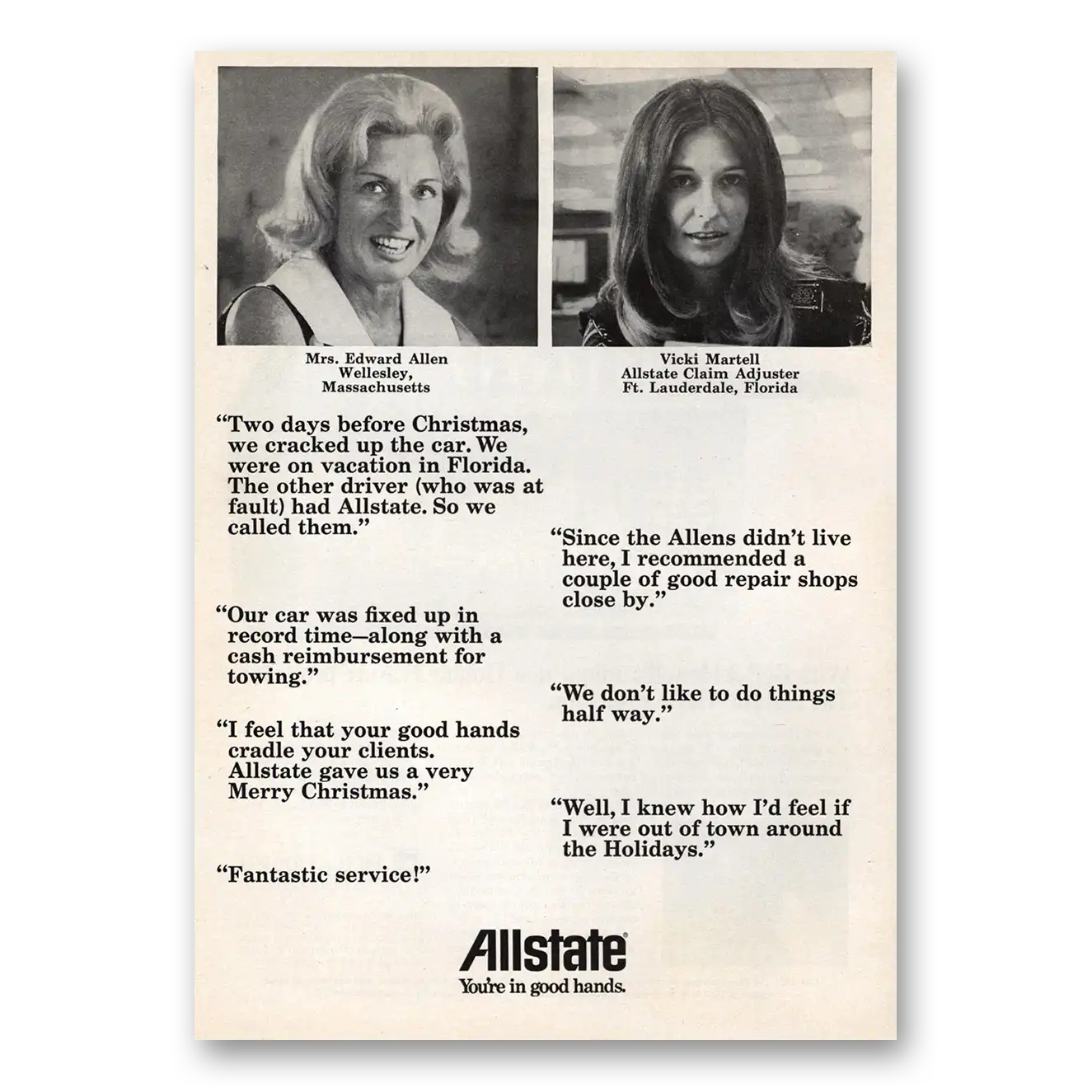 1973 Allstate Insurance Mrs Edward Allen and Vicki Martell Vintage Magazine Print Ad