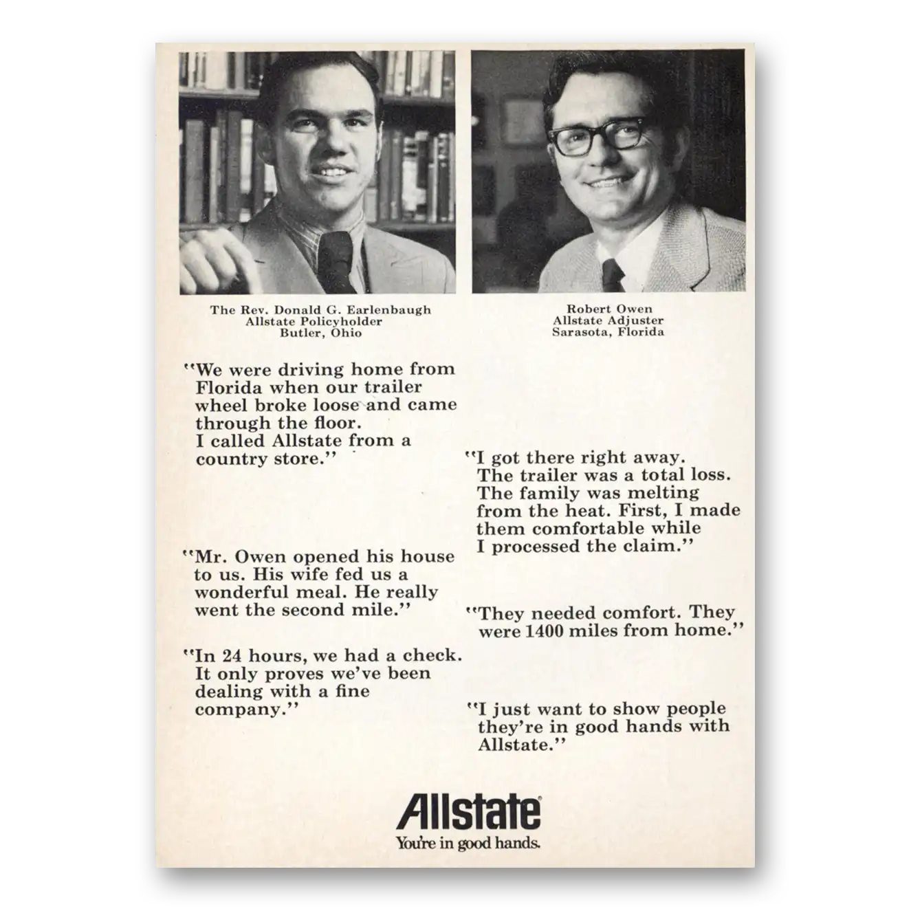 1973 Allstate Insurance Rev Donald G Earlenbaugh Vintage Magazine Print Ad