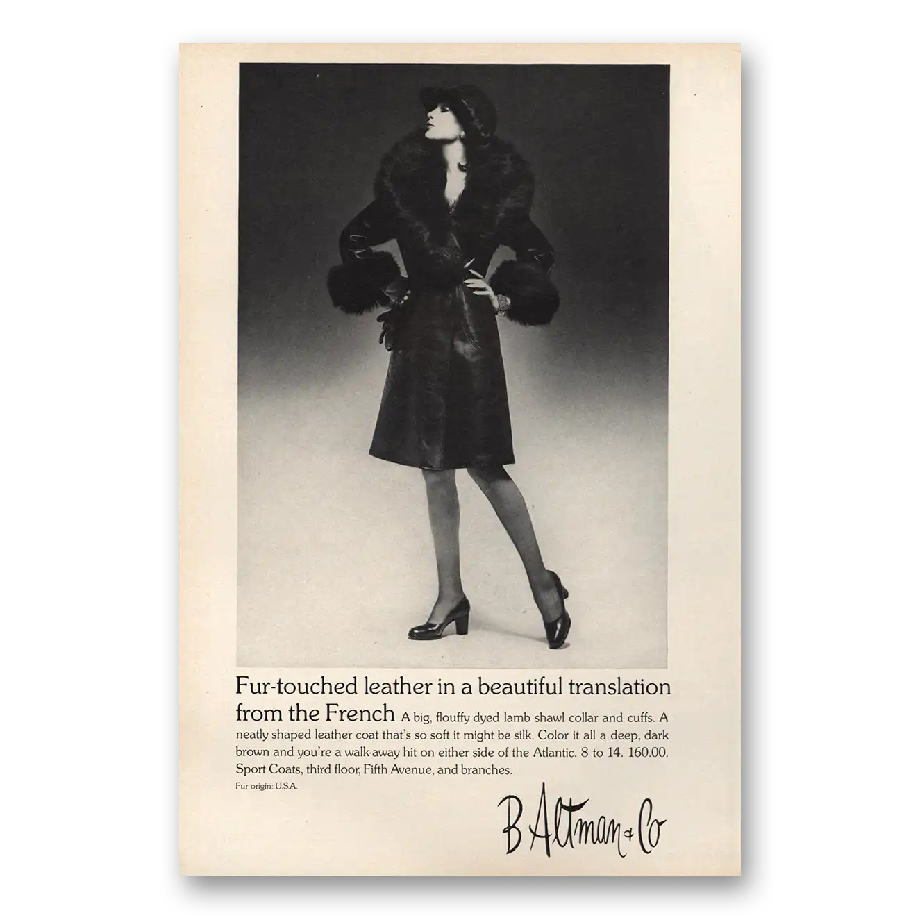 1973 B Altman Fur Touched Leather Vintage Magazine Print Ad