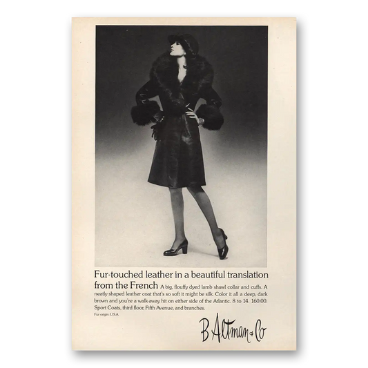 1973 B Altman Fur Touched Leather Vintage Magazine Print Ad