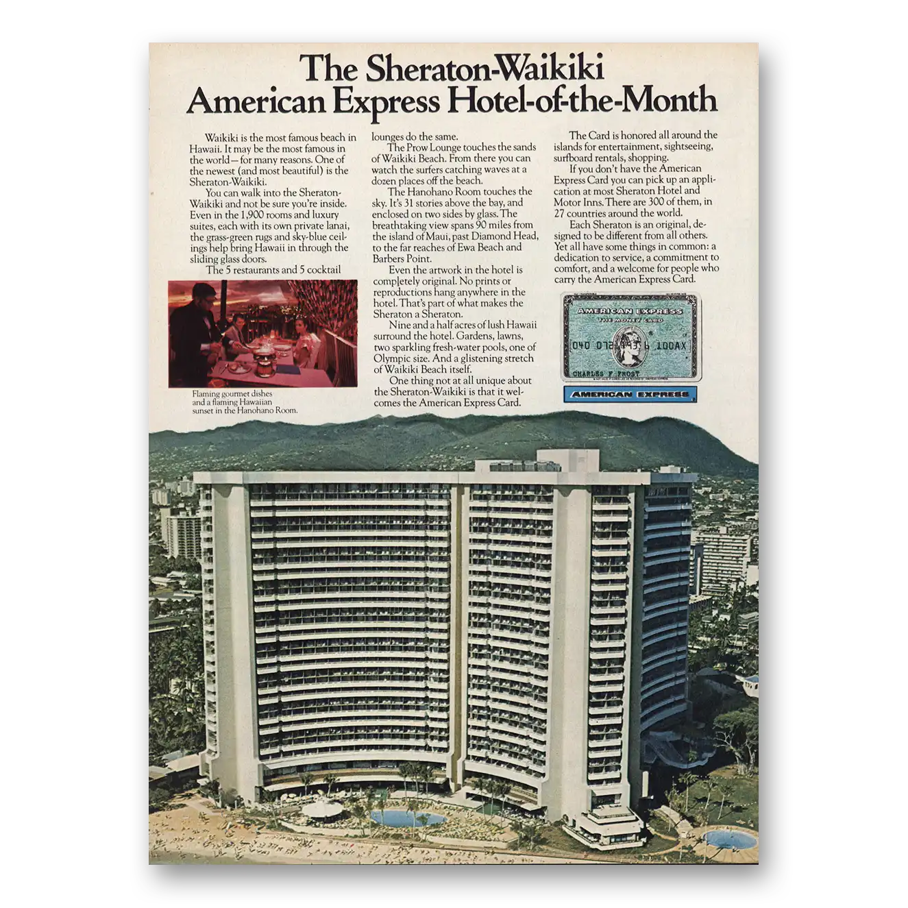 1973 American Express Sheraton Waikiki Hotel of the Month Vintage Magazine Print Ad