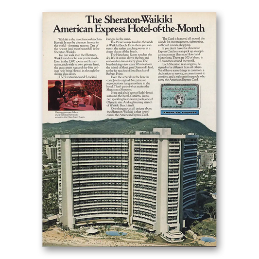 1973 American Express Sheraton Waikiki Hotel of the Month Vintage Magazine Print Ad