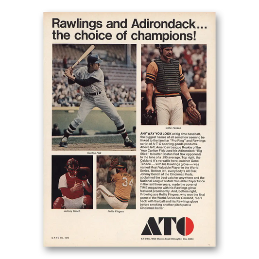 1973 ATO Rawlings Adirondack Champions Vintage Magazine Print Ad