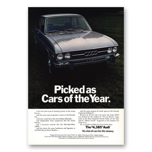 1973 Audi Picked Cars of the Year Vintage Magazine Print Ad