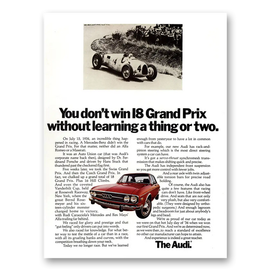 1973 Audi You Don’t Win 18 Grand Prix Without Learning a Thing or Two Vintage Magazine Print Ad