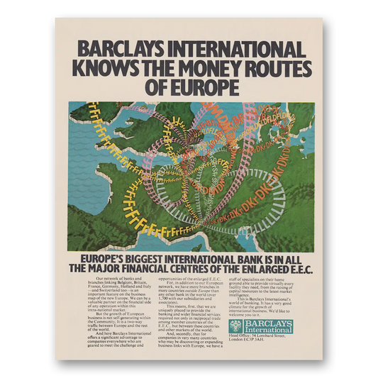 1973 Barclays International Knows The Money Routes of Europe Vintage Magazine Print Ad