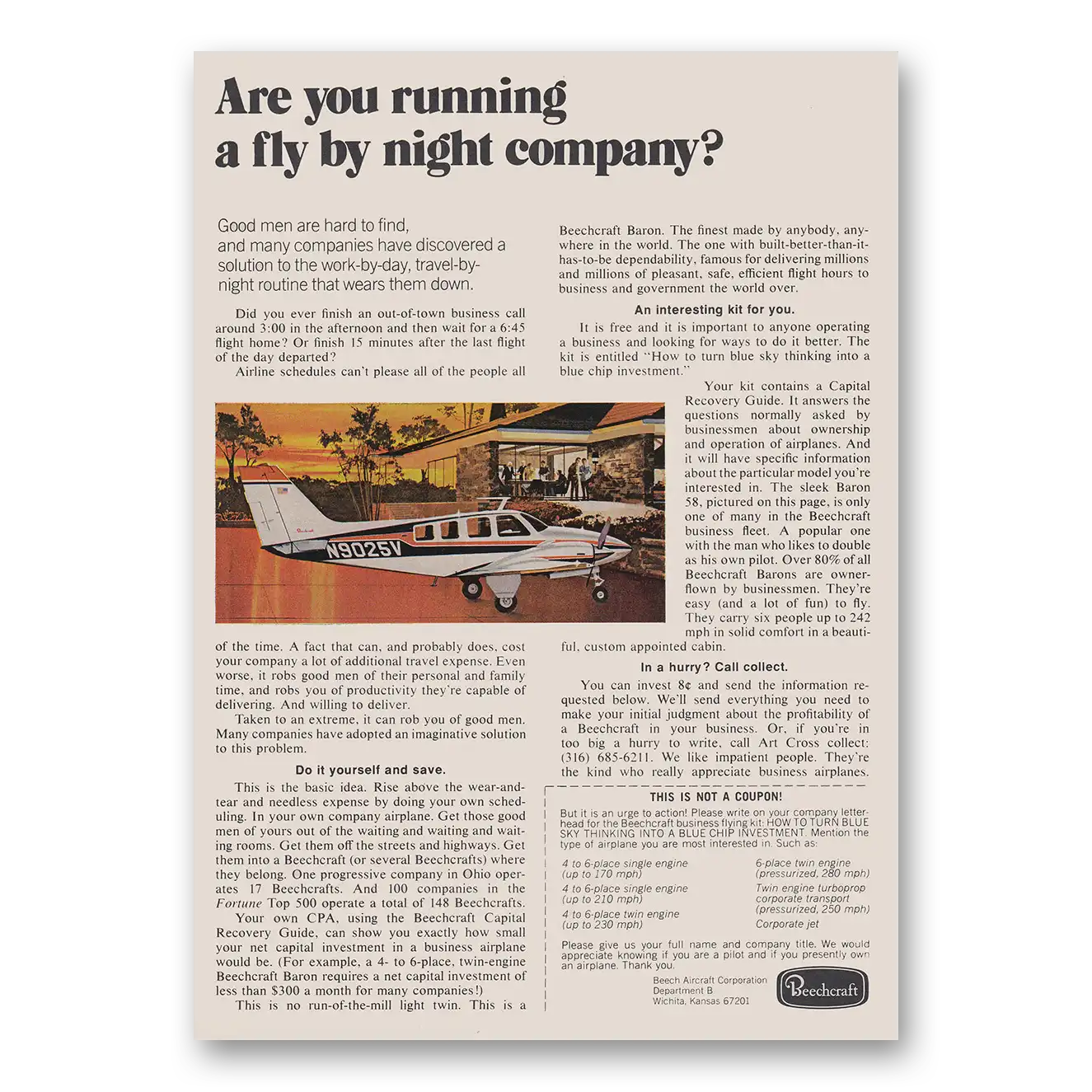 1973 Beechcraft Are You Running a Fly by Night Company Vintage Magazine Print Ad