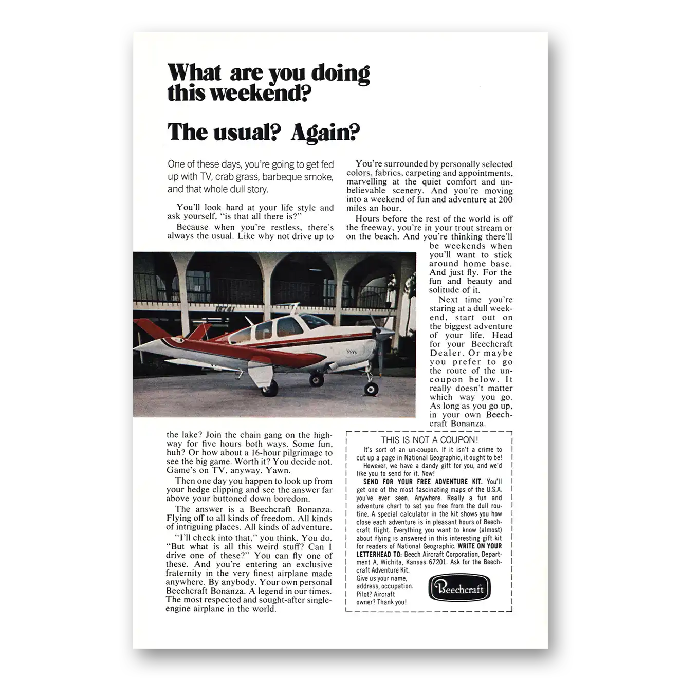 1973 Beechcraft Bonanza This Weekend Vintage Magazine Print Ad