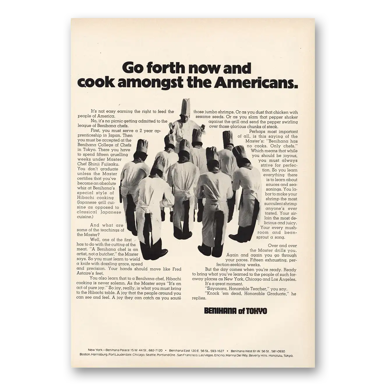 1973 Benihana of Tokyo Go Forth Cook Amongst Americans Vintage Magazine Print Ad