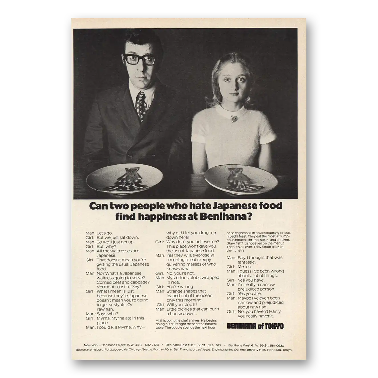 1973 Benihana of Tokyo Can Two People Who Hate Japanese Food Vintage Magazine Print Ad