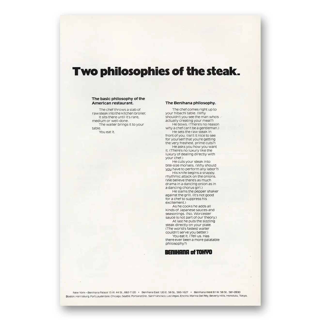 1973 Benihana of Tokyo Two Philosophies of Steak Vintage Magazine Print Ad