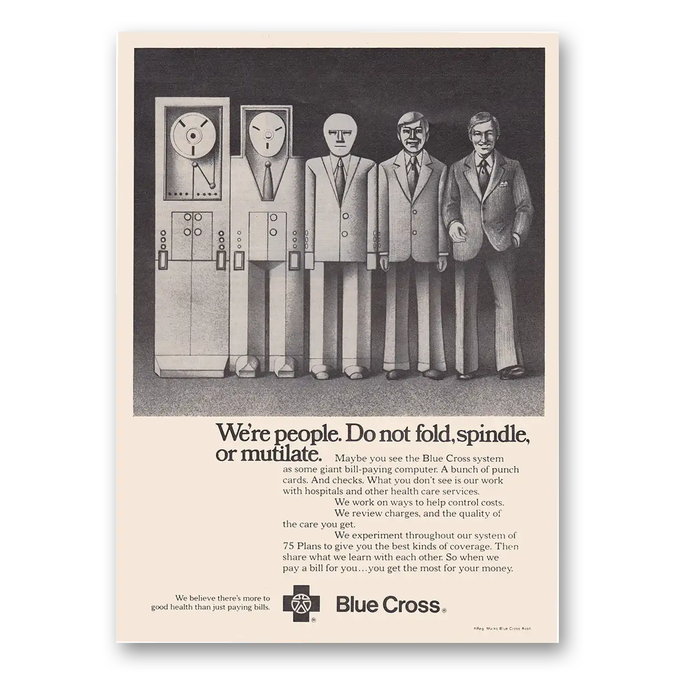 1973 Blue Cross Insurance We're People Do Not Fold Spindle or Mutilate Vintage Magazine Print Ad