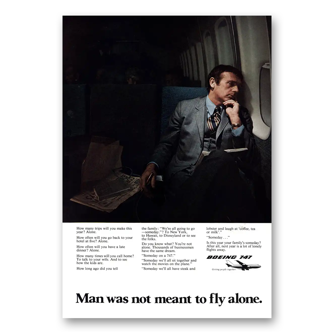 1973 Boeing 747 Man Was Not Meant to Fly Alone Vintage Magazine Print Ad